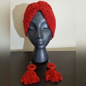 Red Knitted Headband and Tassel Earrings Set